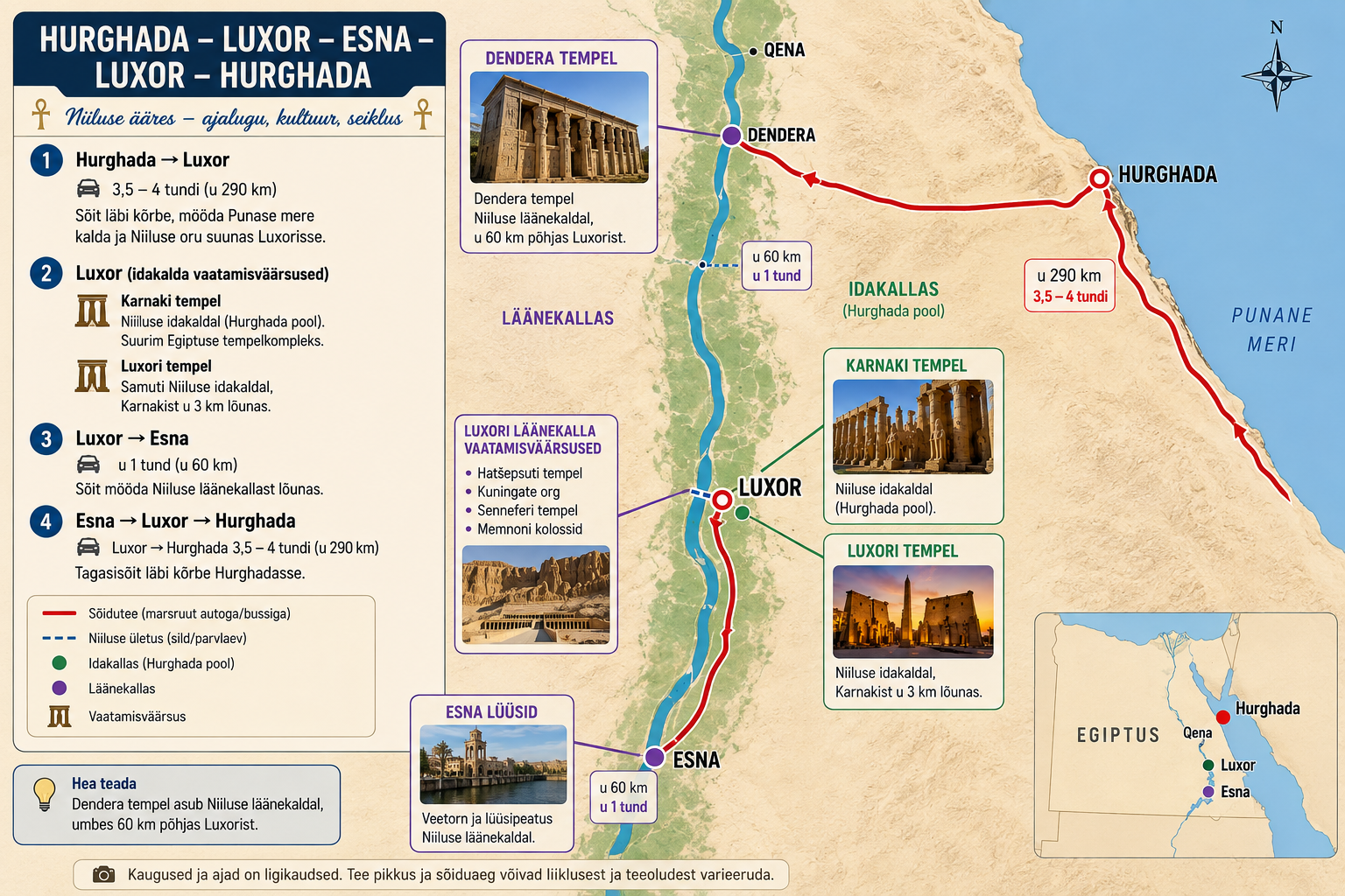 Luxori ja Esna reisi teekond: Hurghada, Luxor, Esna ja tagasi Hurghadasse